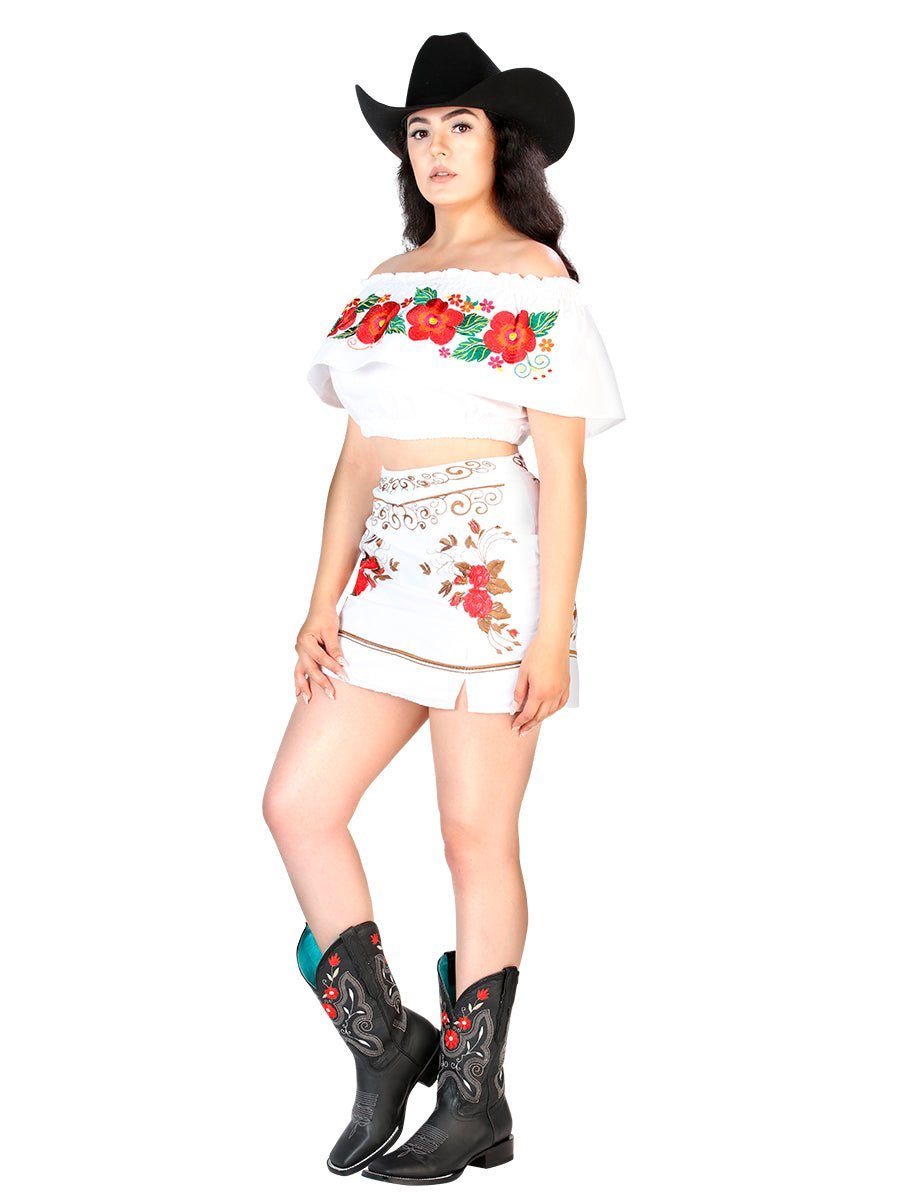 Falda Vaquera - Womens Embroidered Skirt - White - Tradicion Mexicana
