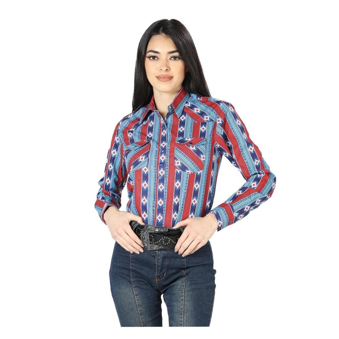 Women's Long Sleeve Western Shirt - Western Blue Stripes (S-3XL) - Tradicion Mexicana