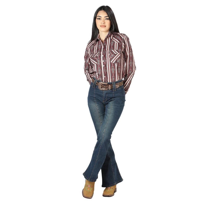 Women's Long Sleeve Western Shirt - Western Brown Stripes (S-3XL) - Tradicion Mexicana