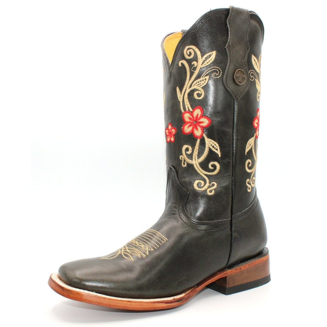 Women's Wide Square Toe Western Boot - Touch of Red - Tradicion Mexicana