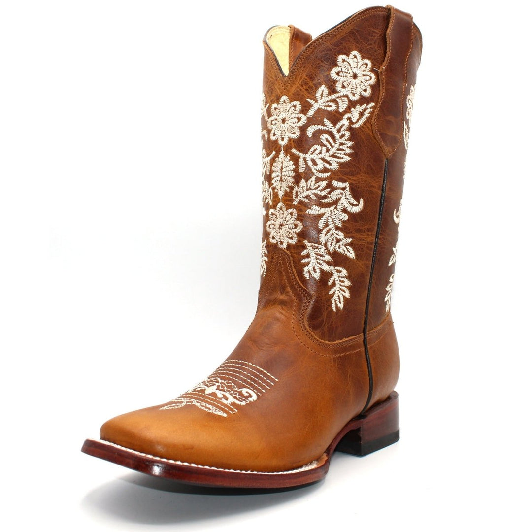 Women's Wide Square Toe Western Boot - White Flowers - Tradicion Mexicana