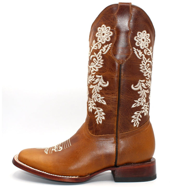 Women's Wide Square Toe Western Boot - White Flowers - Tradicion Mexicana