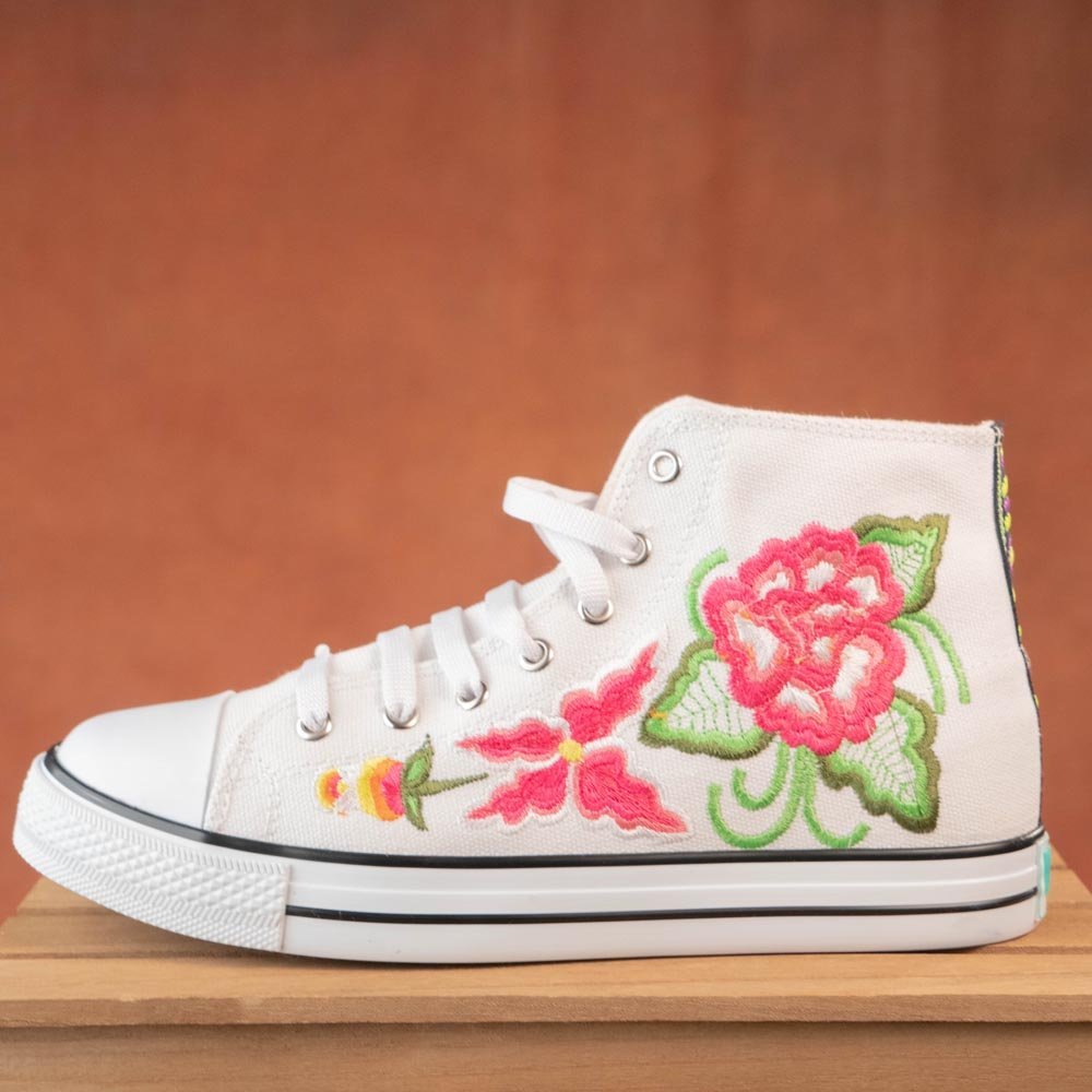 Tenis Artesanales Para Dama Alto Bordado Floral - Tradicion Mexicana