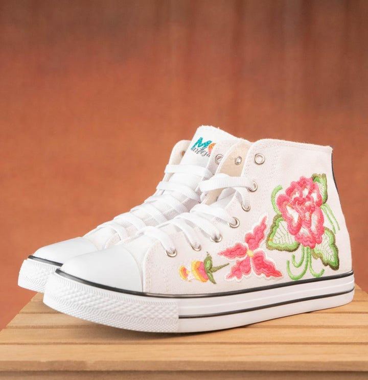 Tenis Artesanales Para Dama Alto Bordado Floral - Tradicion Mexicana