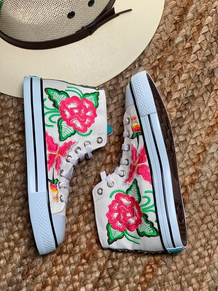 Tenis Artesanales Para Dama Alto Bordado Floral - Tradicion Mexicana