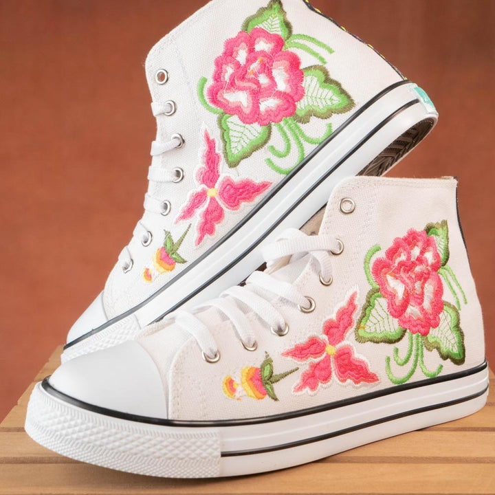 Tenis Artesanales Para Dama Alto Bordado Floral - Tradicion Mexicana