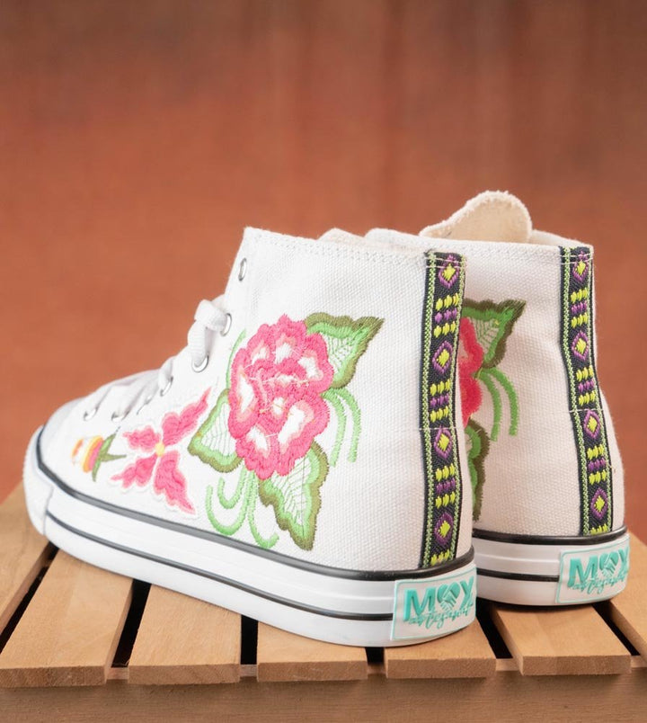 Tenis Artesanales Para Dama Alto Bordado Floral - Tradicion Mexicana