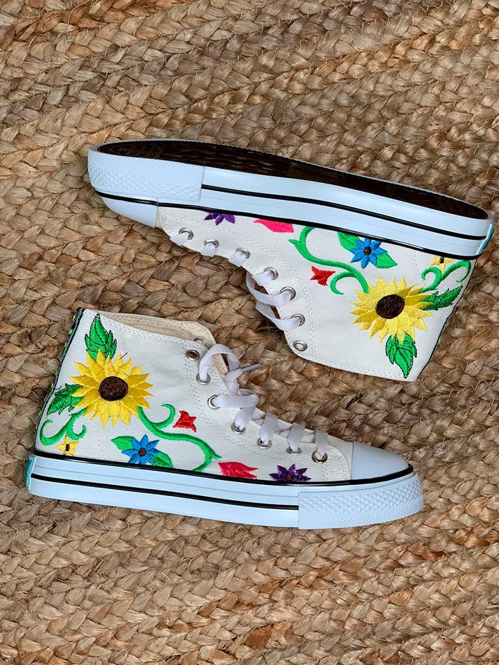 Tenis Artesanales Para Dama Alto Bordado Girasol - Tradicion Mexicana