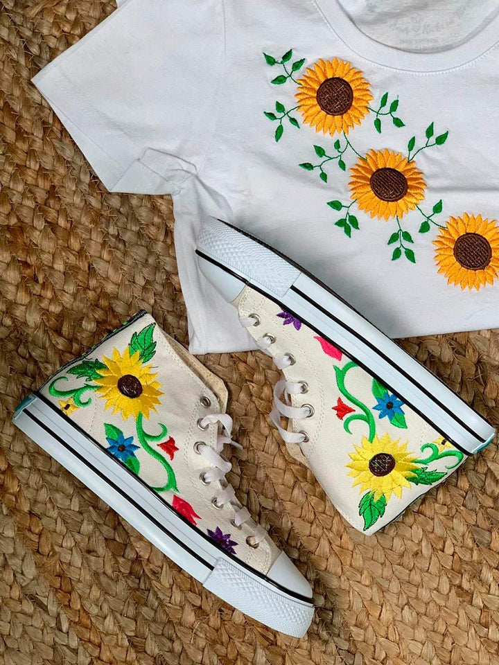 Tenis Artesanales Para Dama Alto Bordado Girasol - Tradicion Mexicana