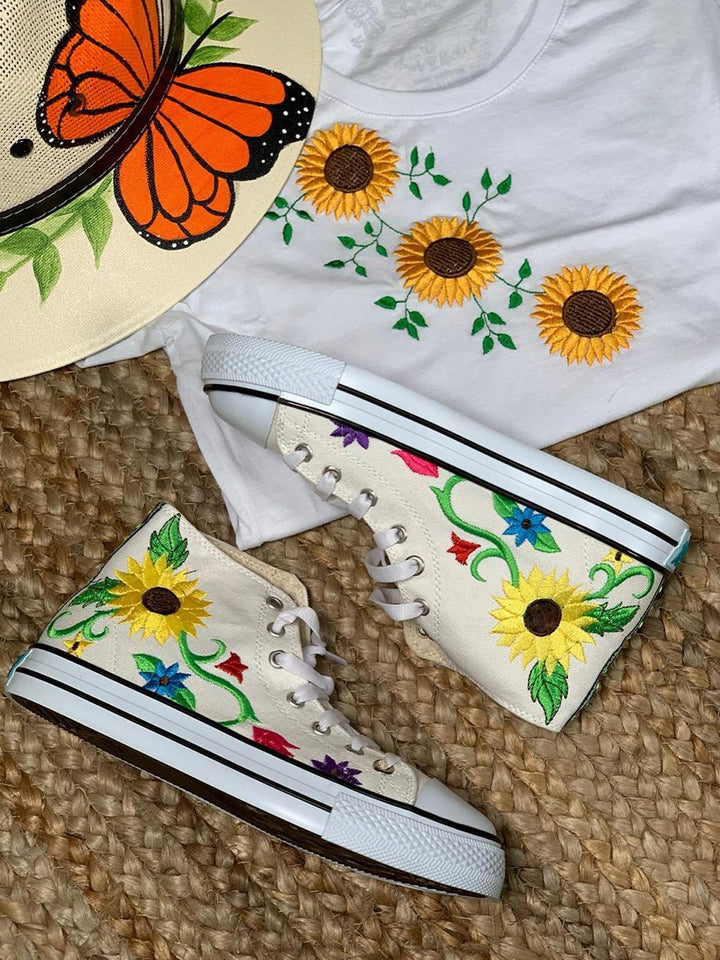 Tenis Artesanales Para Dama Alto Bordado Girasol - Tradicion Mexicana