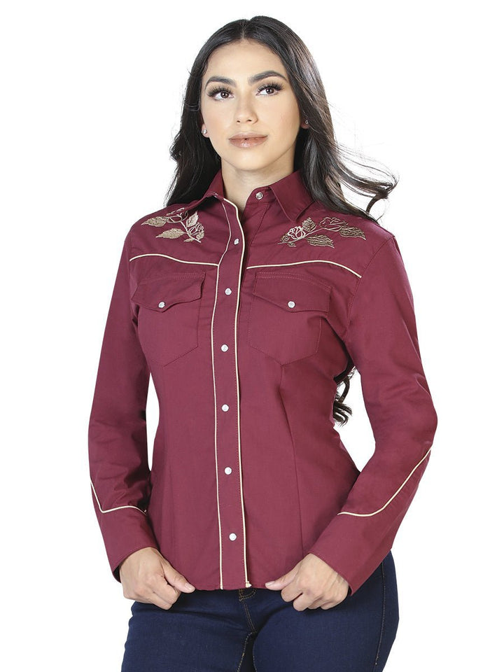 Women's Long Sleeve Western Shirt - Single Roses (S-4XL) - Tradicion Mexicana