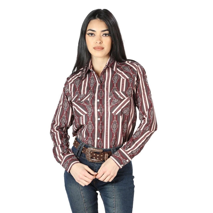 Women's Long Sleeve Western Shirt - Western Brown Stripes (S-3XL) - Tradicion Mexicana